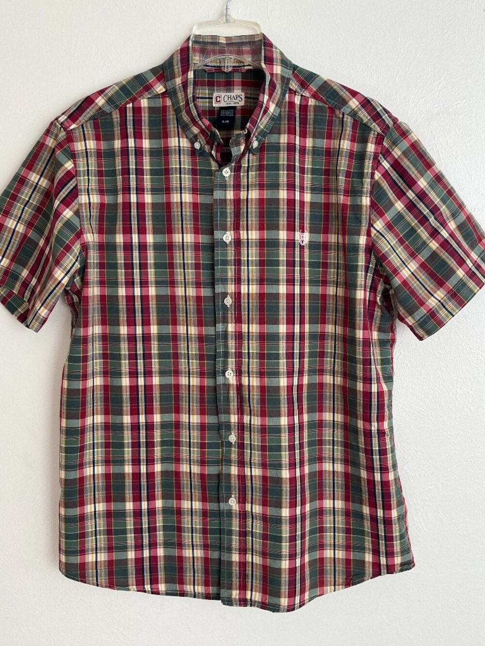 Chaps Men's Red Green Plaid 100% Cotton Short Sleeve Button Down Shirt Size L